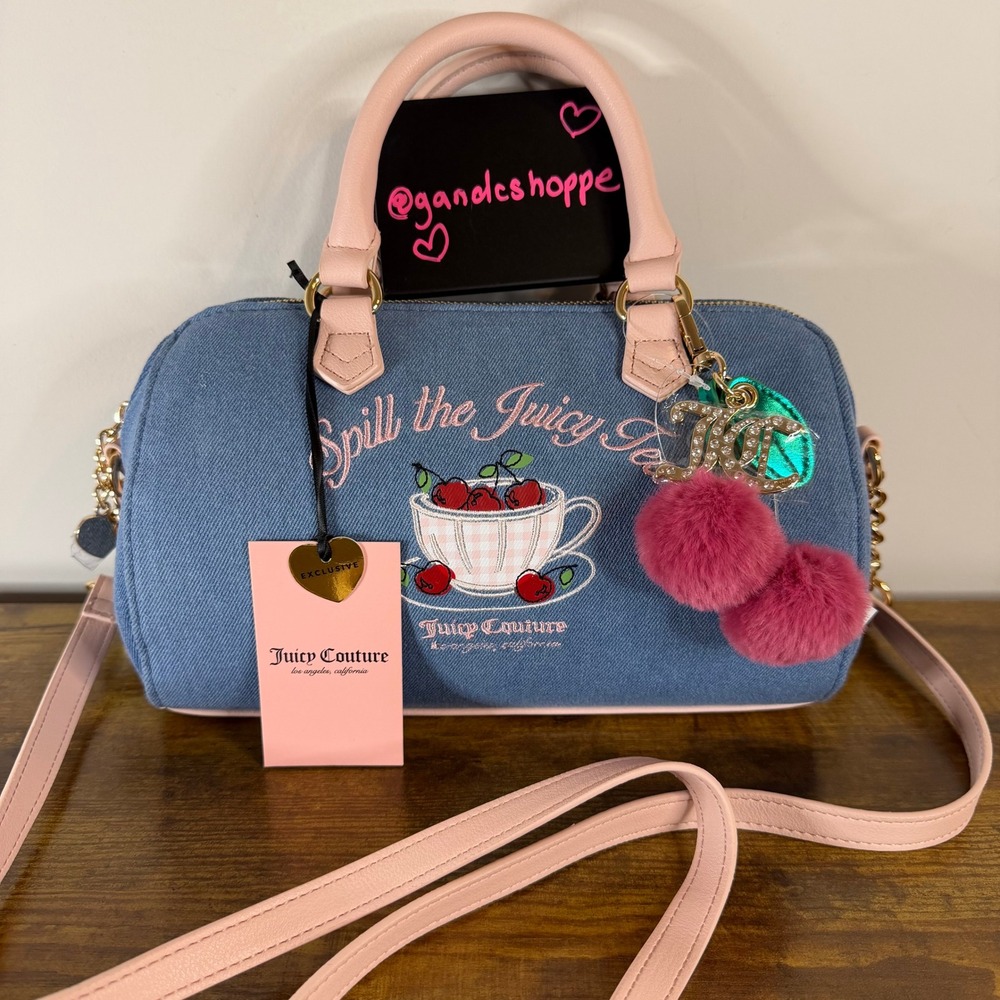 New Juicy Couture Sweet Tea Party Satchel Blue Denim Pink Crossbody Handbag